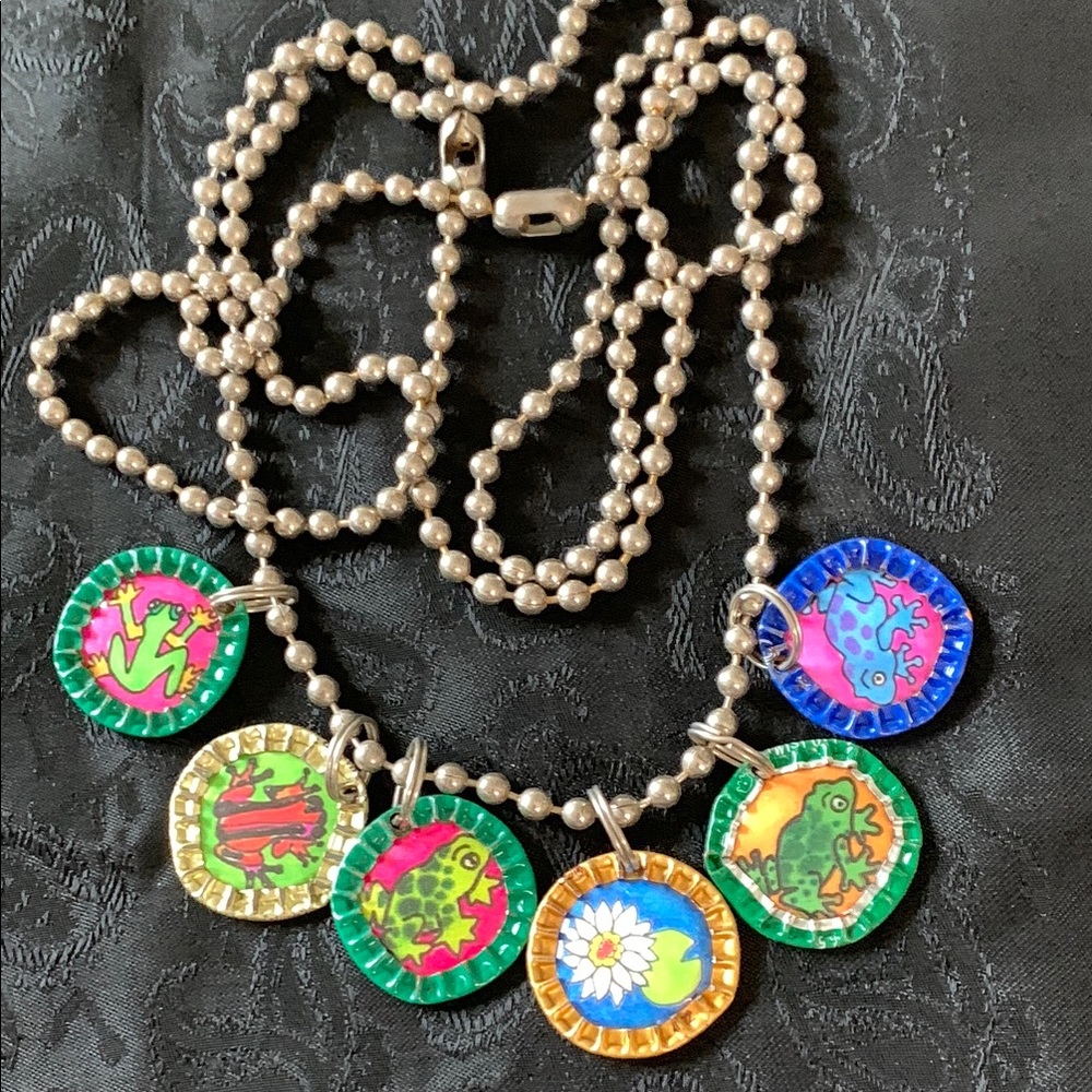 Colorful 40 Inch Smashed Bottle Cap Necklace on Silver Tone Ball Chain